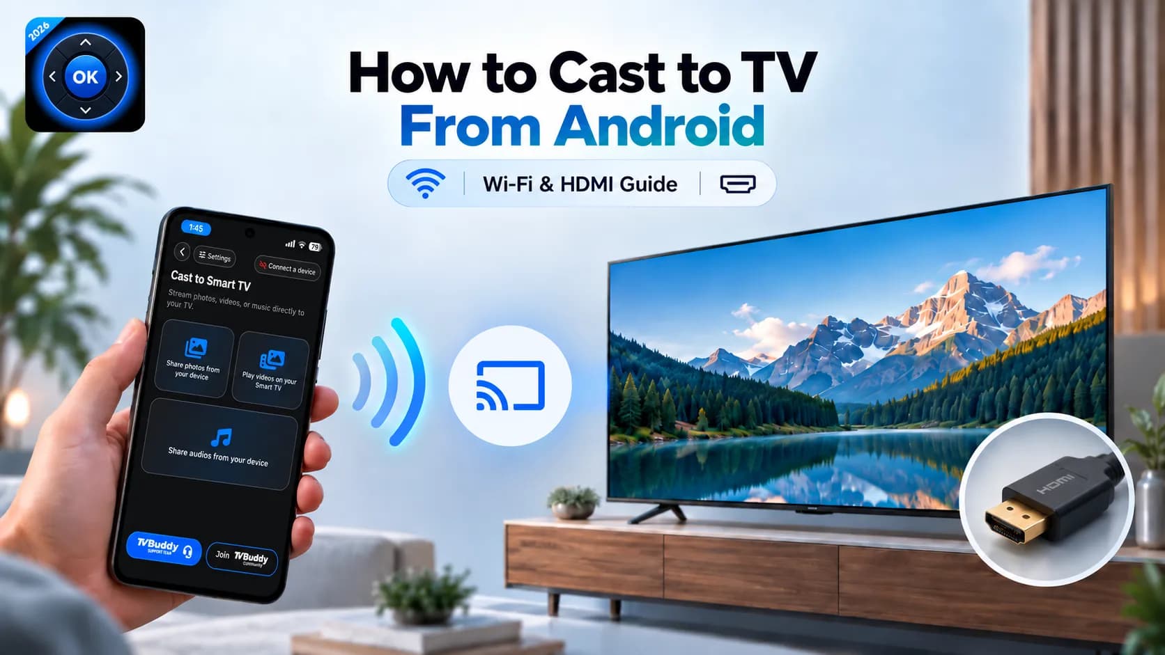 Android phone casting to a smart TV over Wi-Fi, with an HDMI cable
