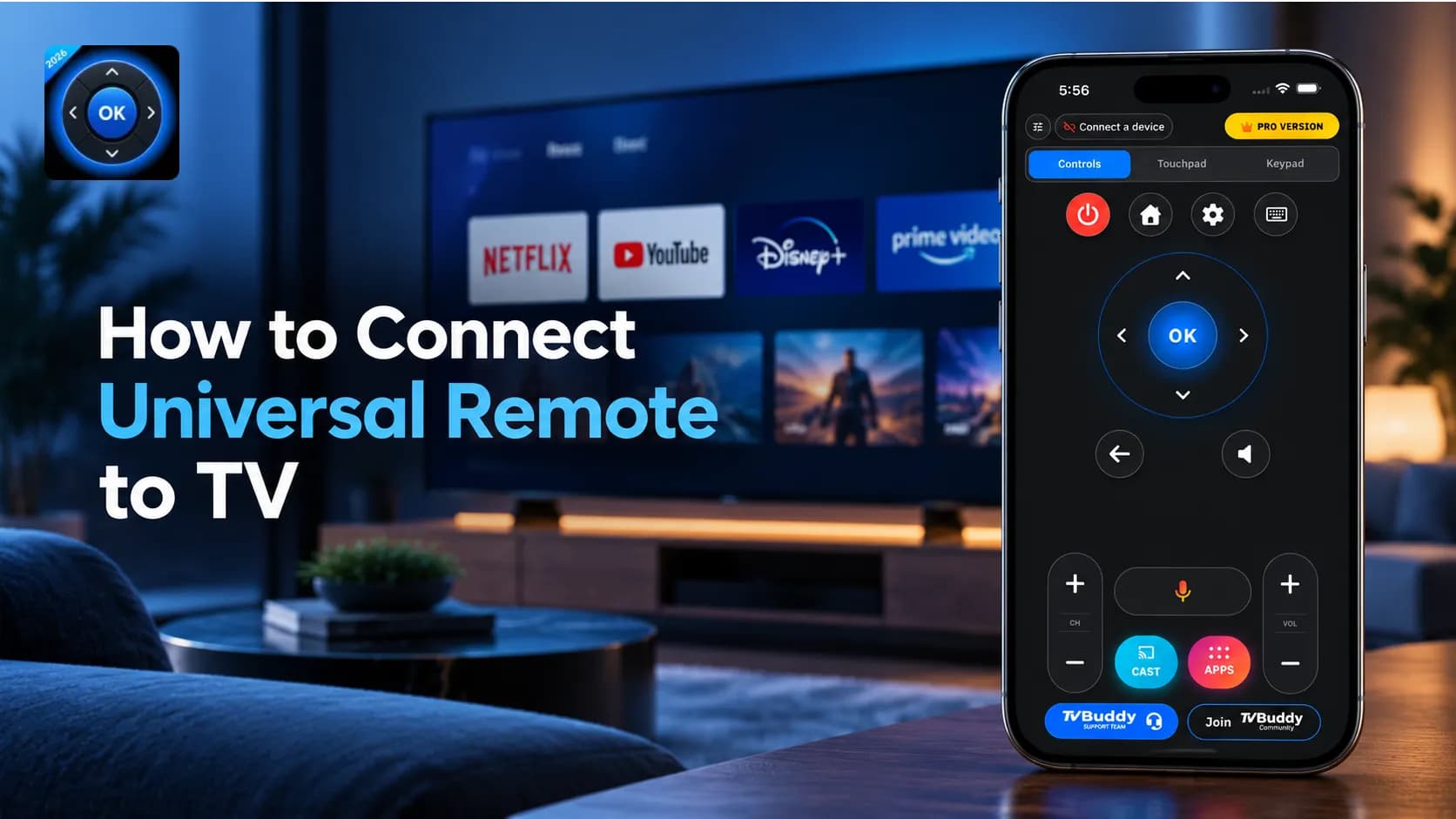 TVBuddy universal remote app on a phone in front of a smart TV
