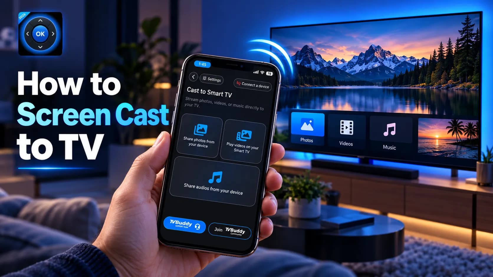 Phone casting photos, videos, and music to a smart TV with TVBuddy